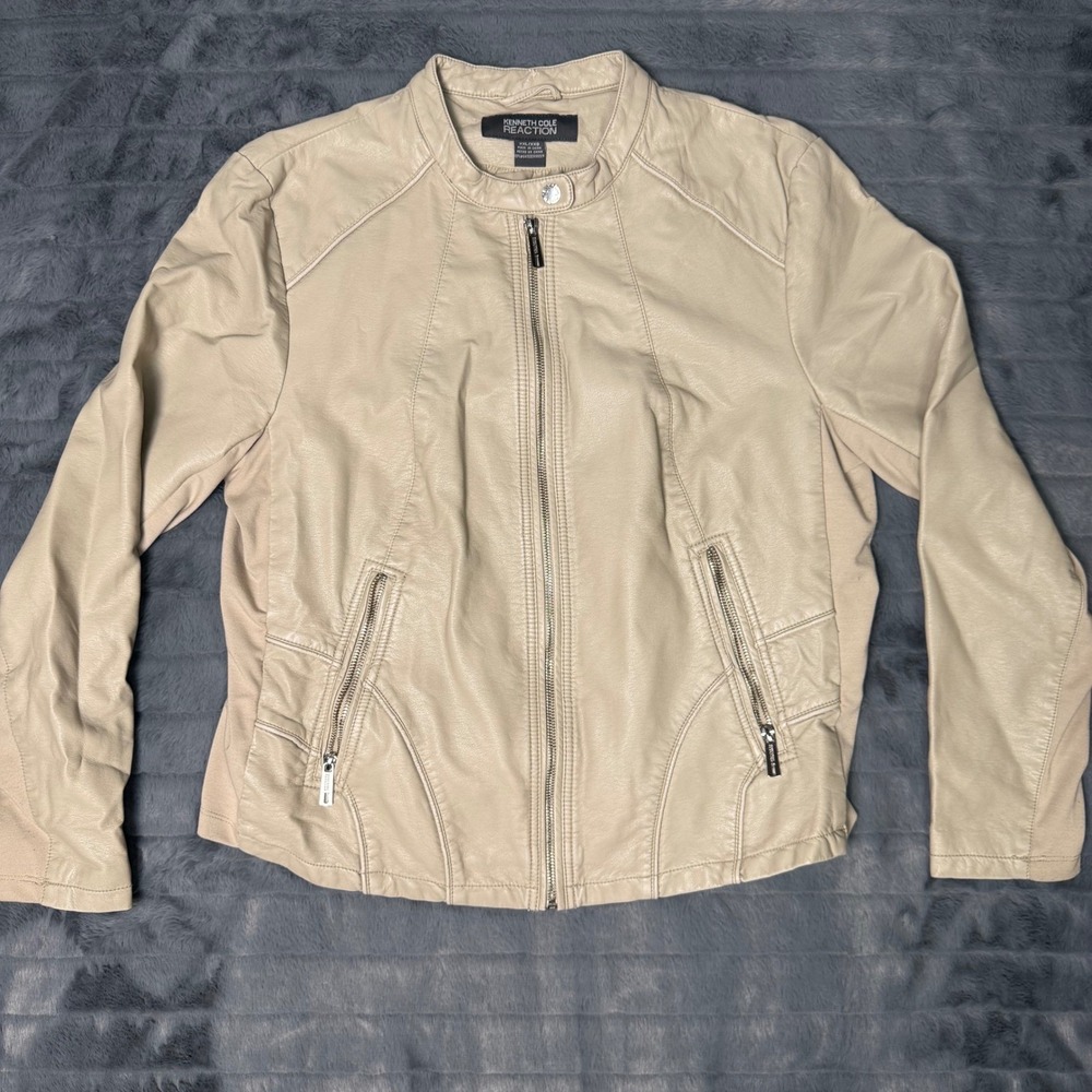 Kenneth Cole Reaction Womens XXL Faux Leather Moto Jacket Beige Tan Full Zip